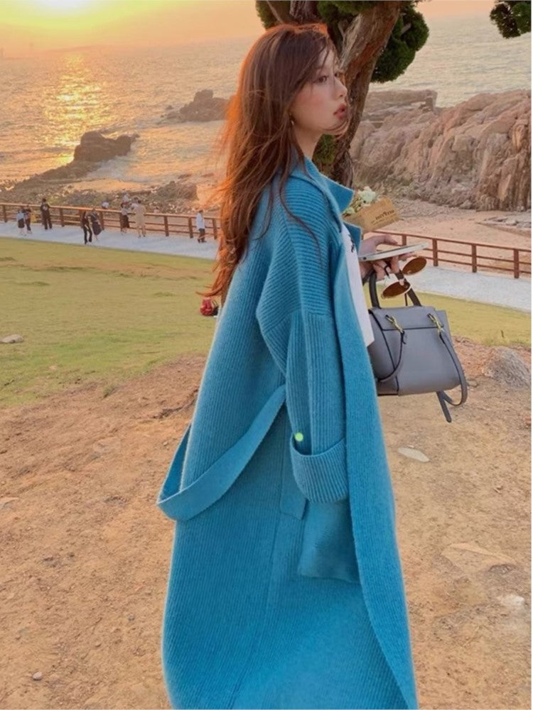 Elegant Blue Women's Knitted Winter Cardigan Jacket