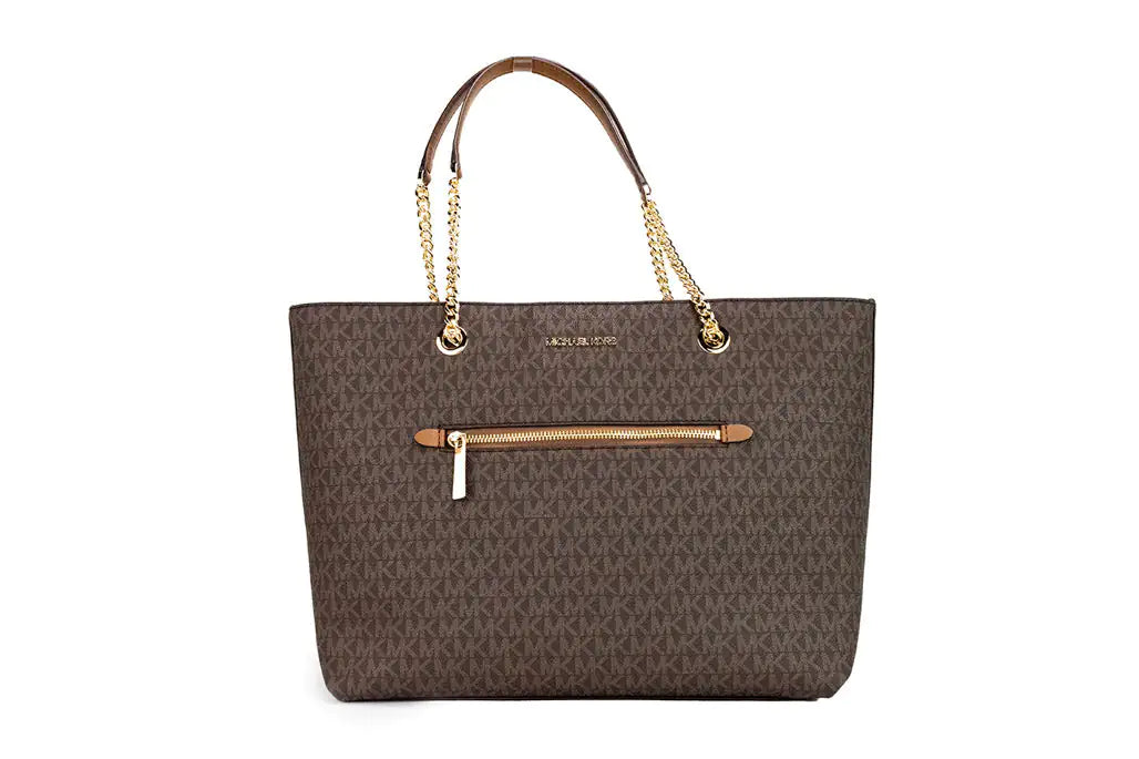 Michael Kors Jet Set Medium Brown Zip Chain Tote | Organic Cotton