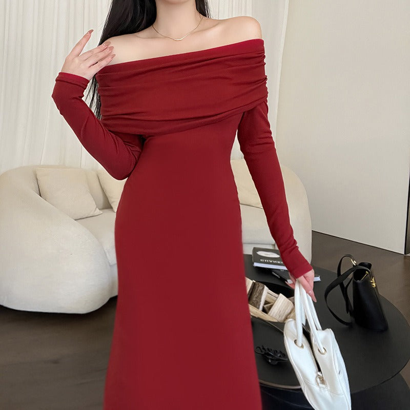 Knitted Off-Shoulder Long Sleeve Fishtail Dress