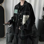 Men's Loose Black Denim Jacket with Spliced Design