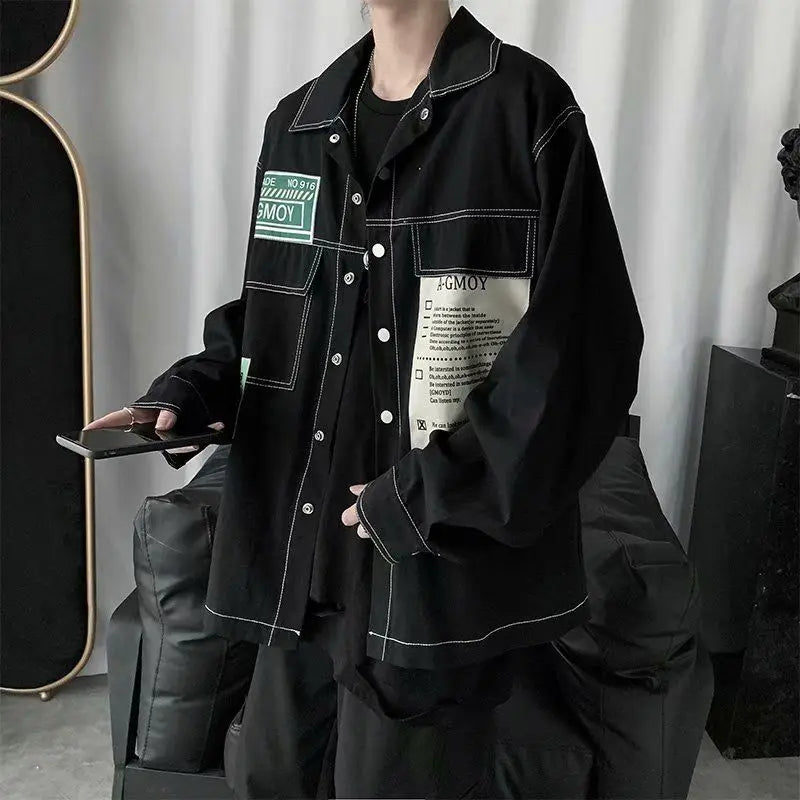 Men's Loose Black Denim Jacket with Spliced Design