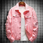 Men's Ripped Denim Jacket with Turndown Collar