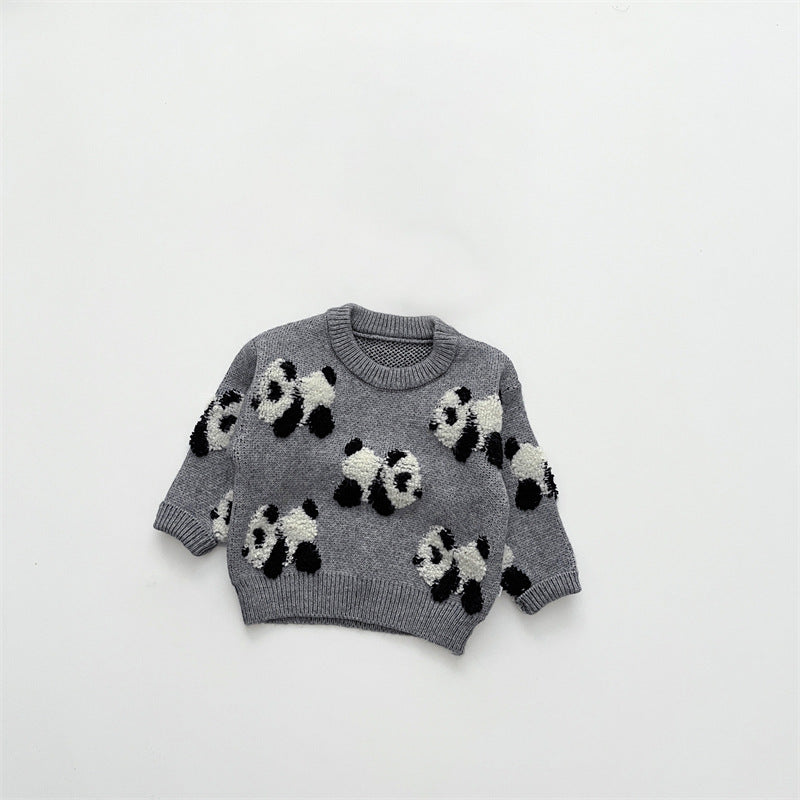 Children's Panda Embroidered Knit Round Neck Sweater