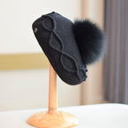 Retro Wool Beret with Fox Fur Ball Accent Hat | Embroidered Cap