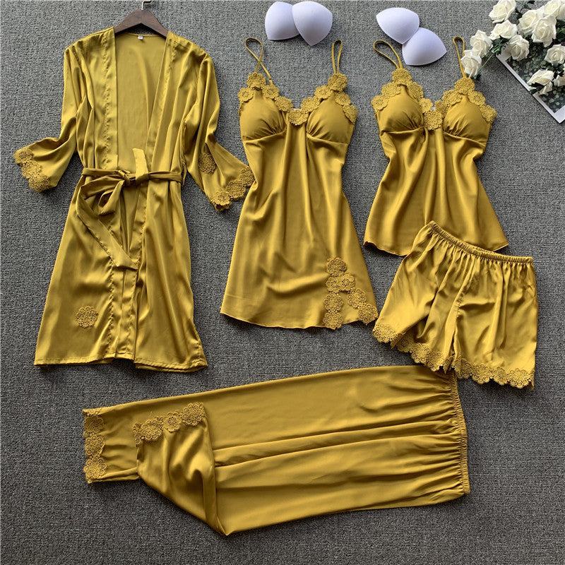 Silk Five-Piece Women's Sleepwear Set with Bra Pads