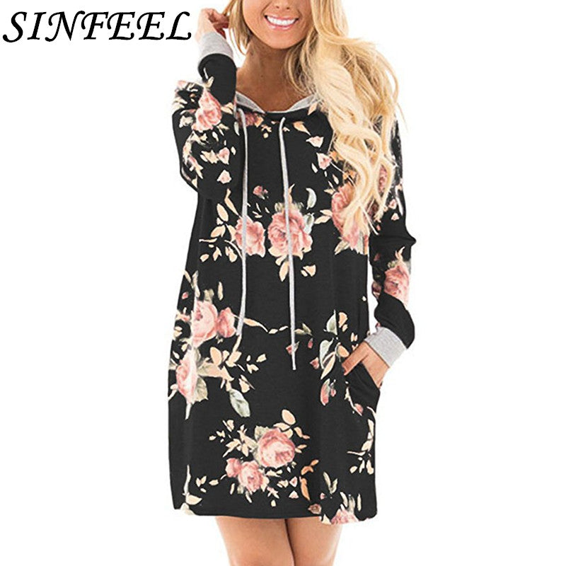 SINFEEL Autumn Fashion Floral Print Hoodie Dress for Women | Streetwear