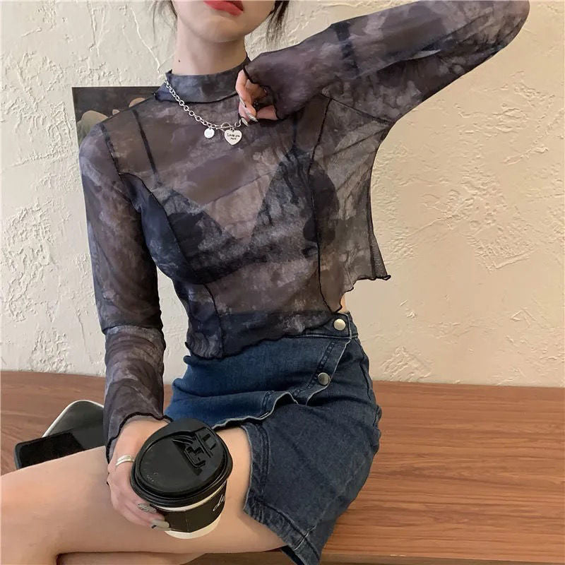 Korean Y2K Women's Tie-Dye Mesh Long Sleeve Crop Top