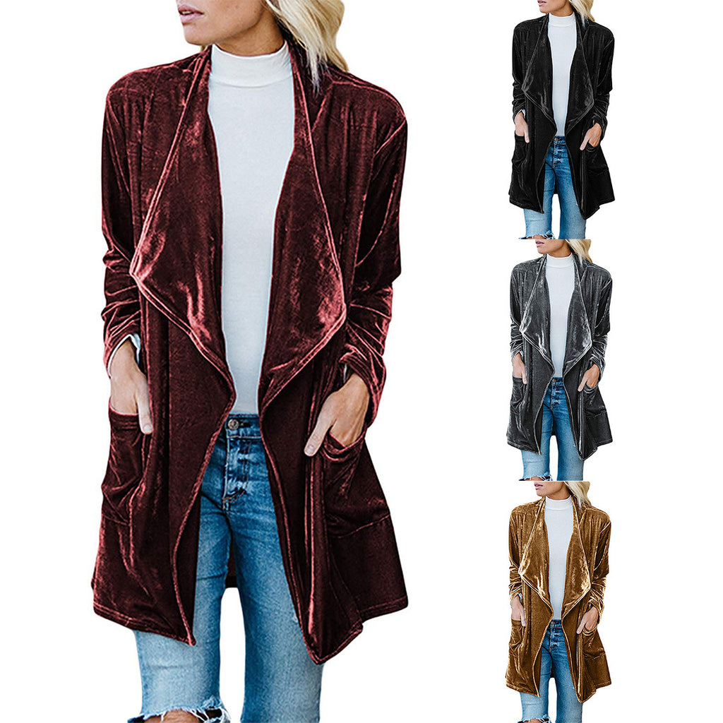 Elegant Casual Gold Velvet Long Trench Coat for Women