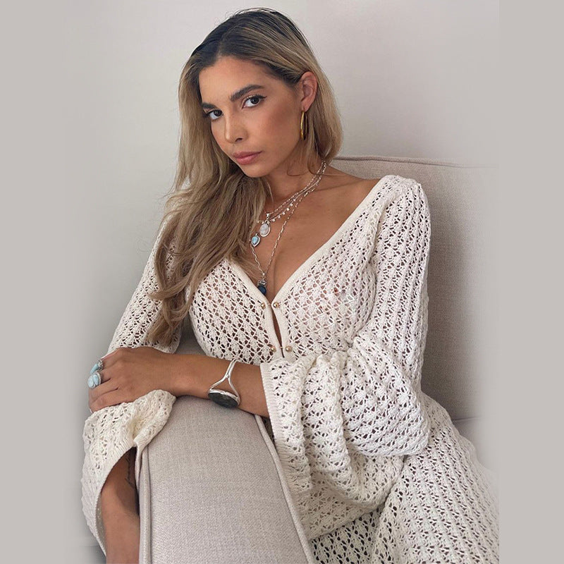White Crochet Knit Maxi Beach Cover-Up Dress