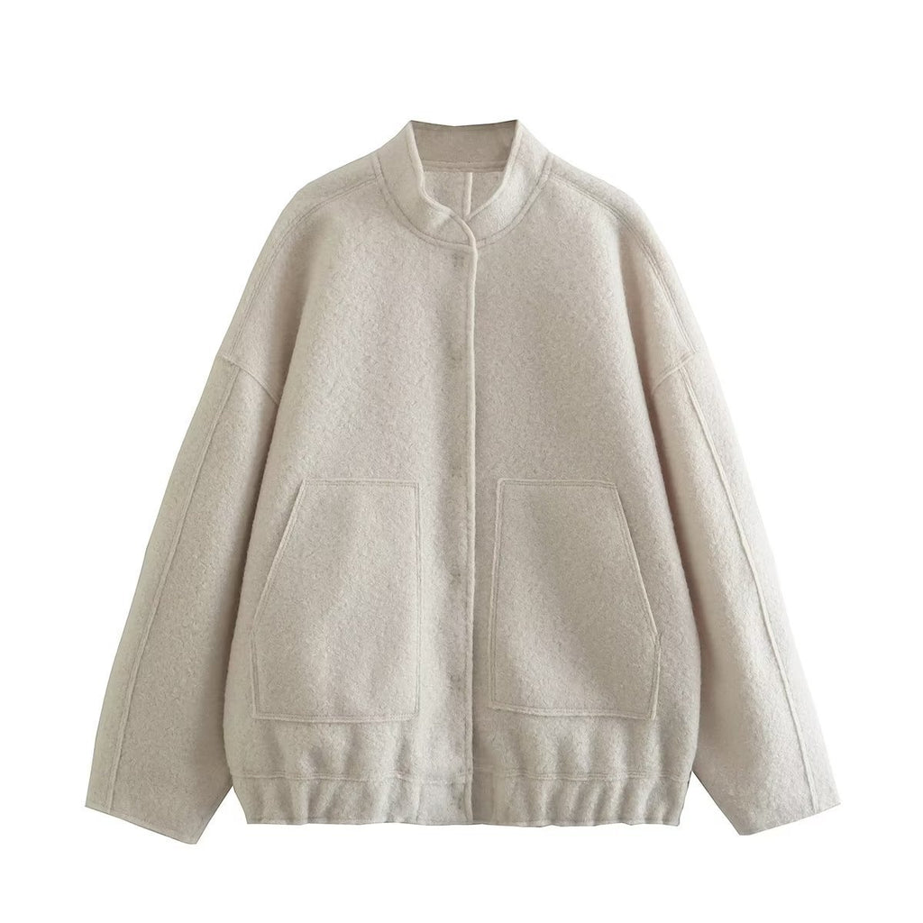 Loose Sleeved Pocket Jacket with Stand Collar