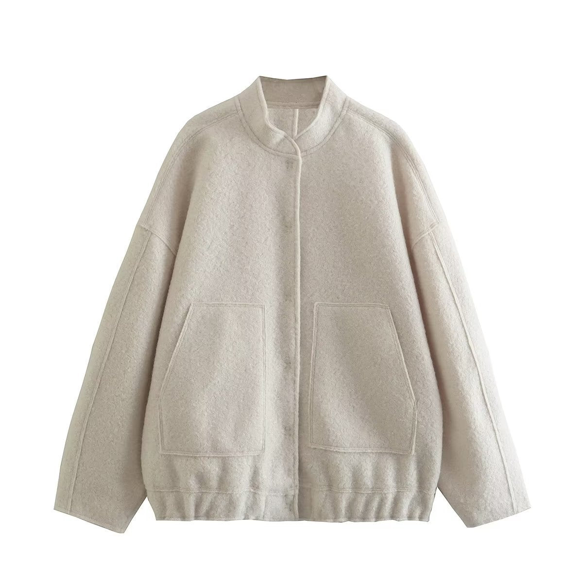 Loose Sleeved Pocket Jacket with Stand Collar