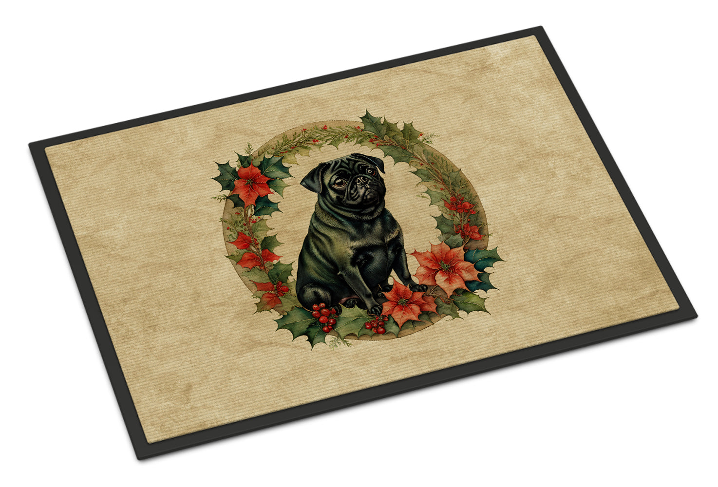 Pug Christmas Flowers Doormat