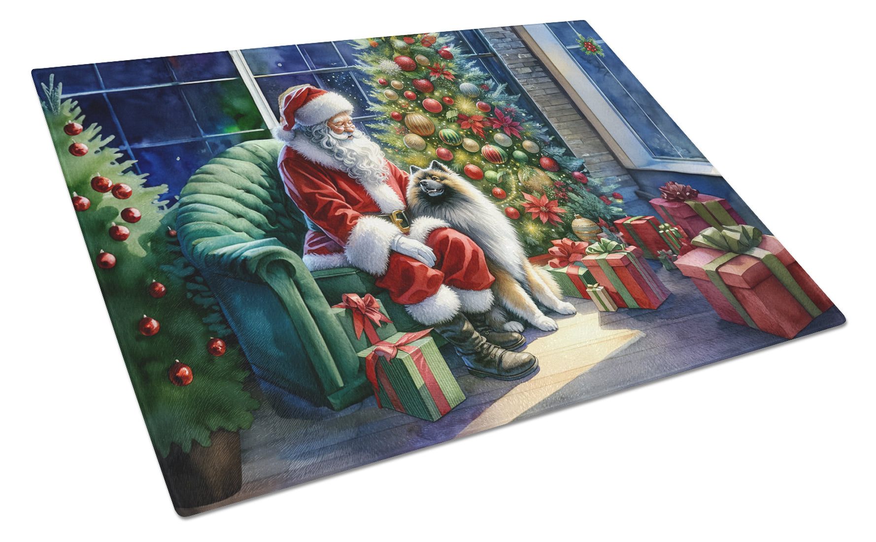 Keeshond and Santa Claus Glass Cutting Board