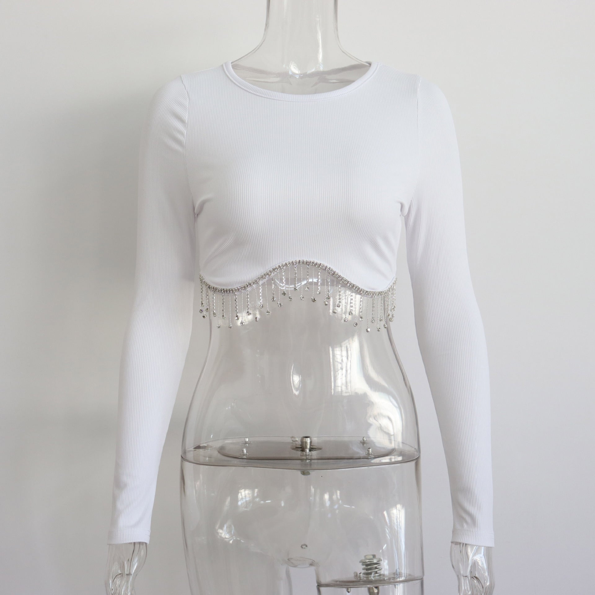 Fashionable Long Sleeve Rhinestone Crop Top for Women