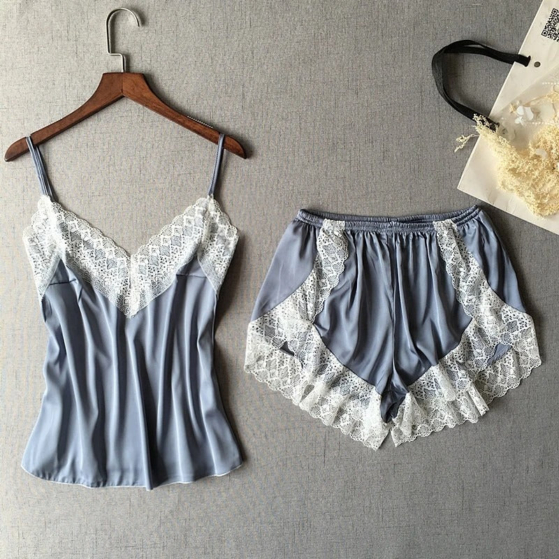 Lace Silk Camisole and Shorts Sleepwear Set