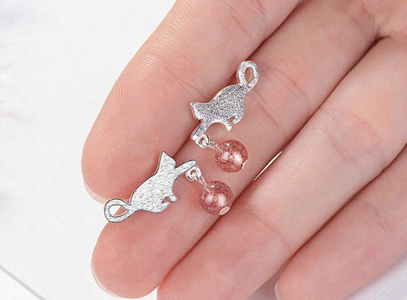 Silver Cat Drop Stud Earrings with Zircon Bead