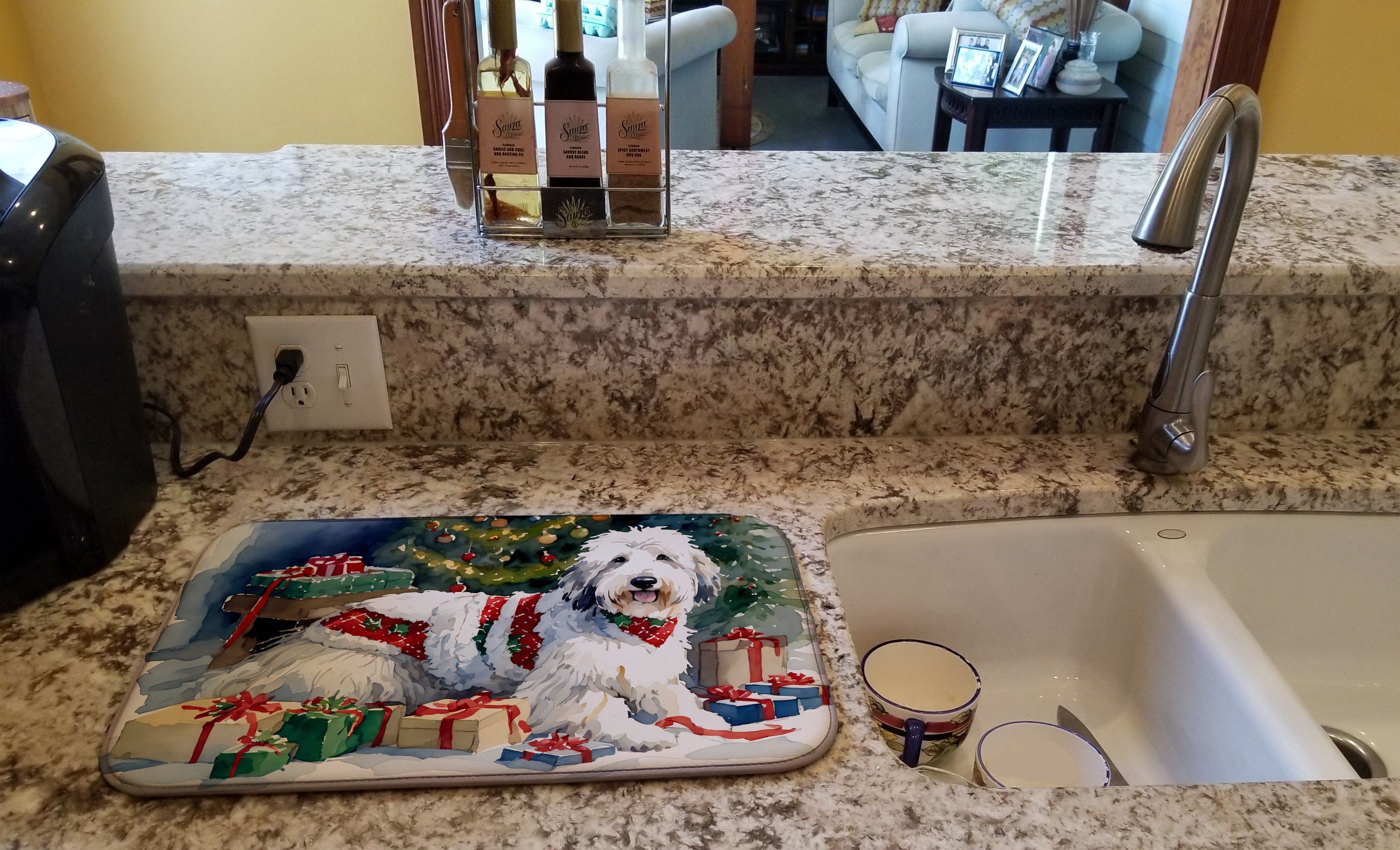 Old English Sheepdog Cozy Christmas Dish Drying Mat