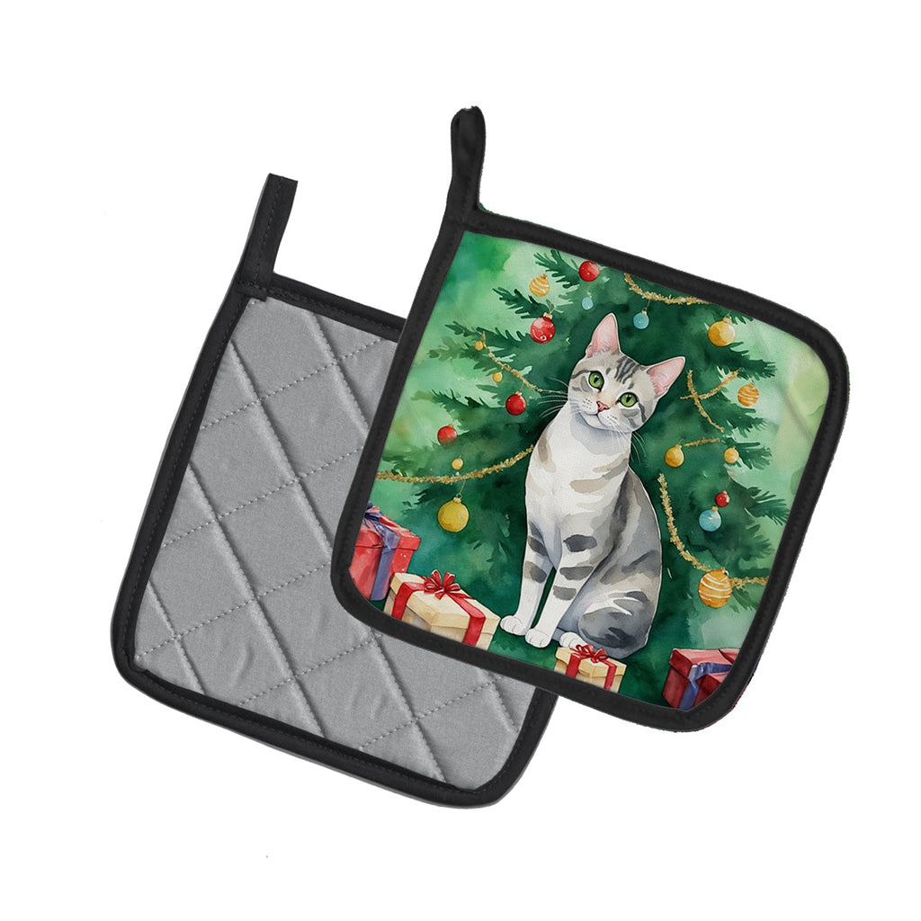 European Shorthair Cat By the Christmas Tree Pair of Pot Holders