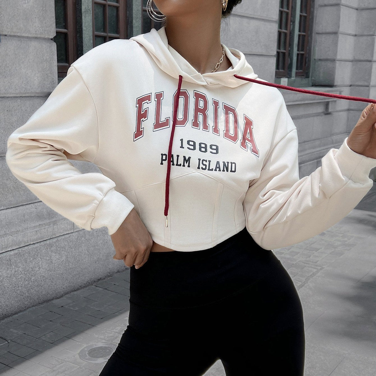 Cropped Printed Hooded Long Sleeve Sweatshirt for Women | Streetwear