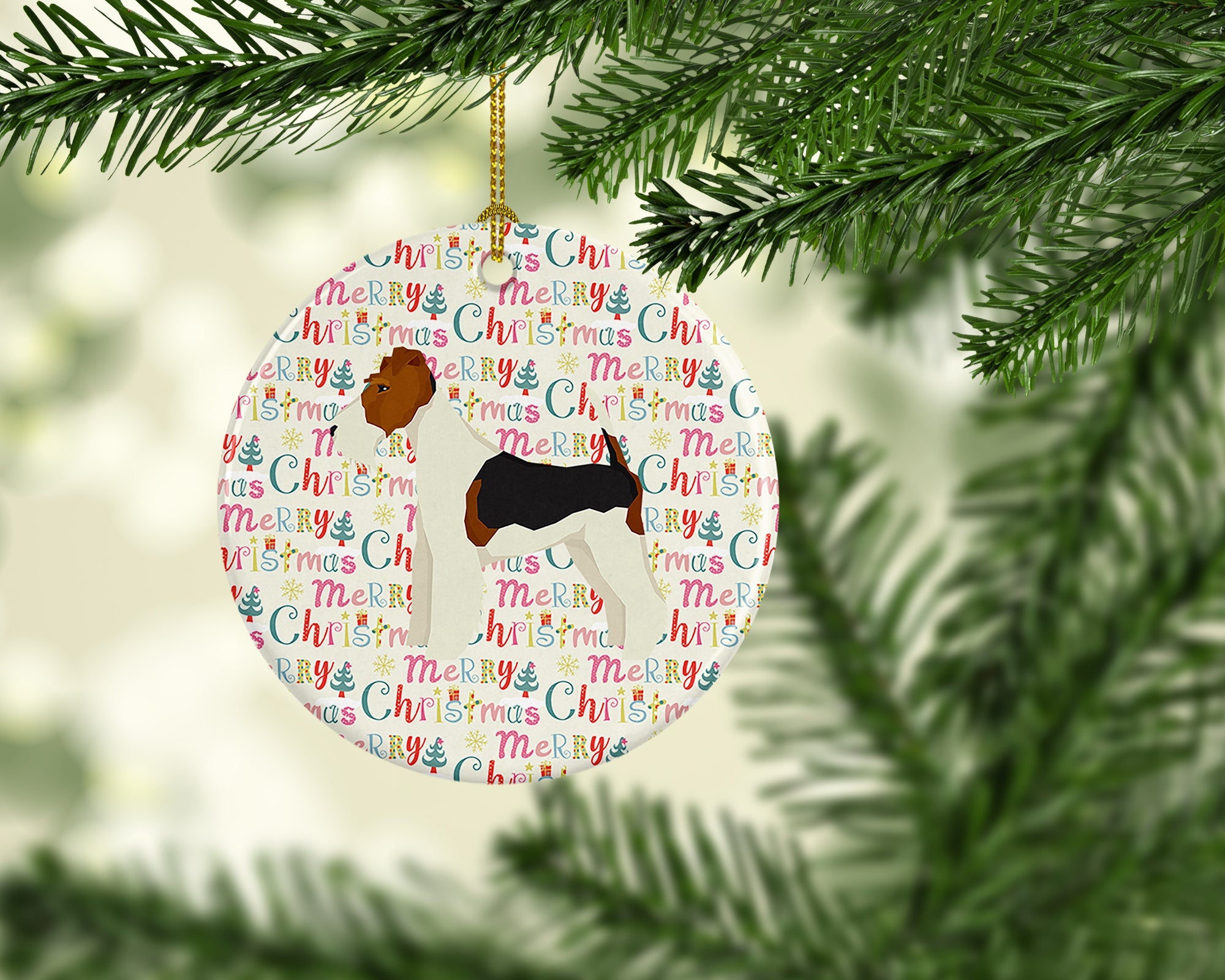 Fox Terrier Merry Christmas Ceramic Ornament