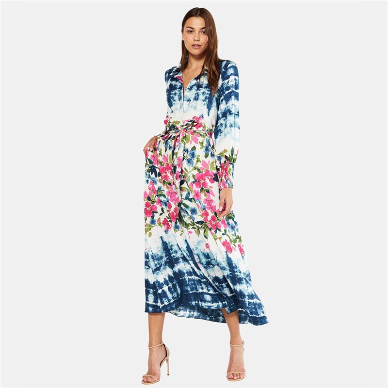 Tie-Dye Floral Long Sleeve Maxi Beach Cover-Up Dress