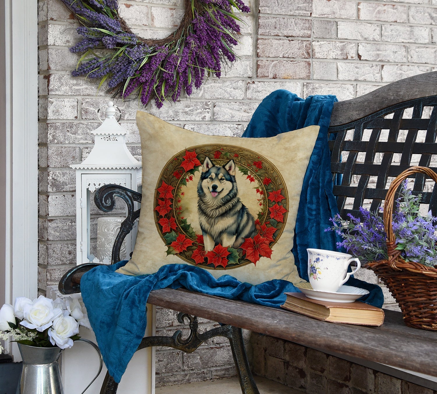 Alaskan Malamute Christmas Flowers Throw Pillow