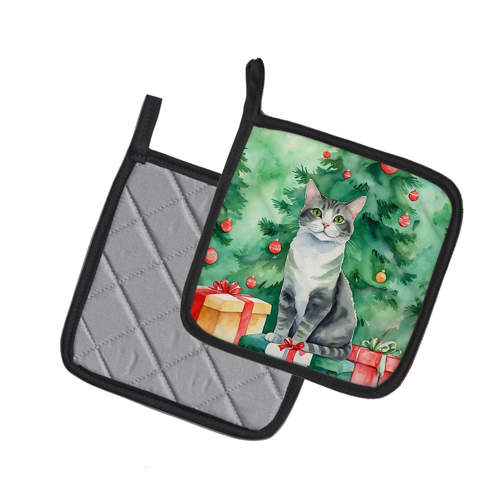 Ural Rex Cat By the Christmas Tree Pair of Pot Holders