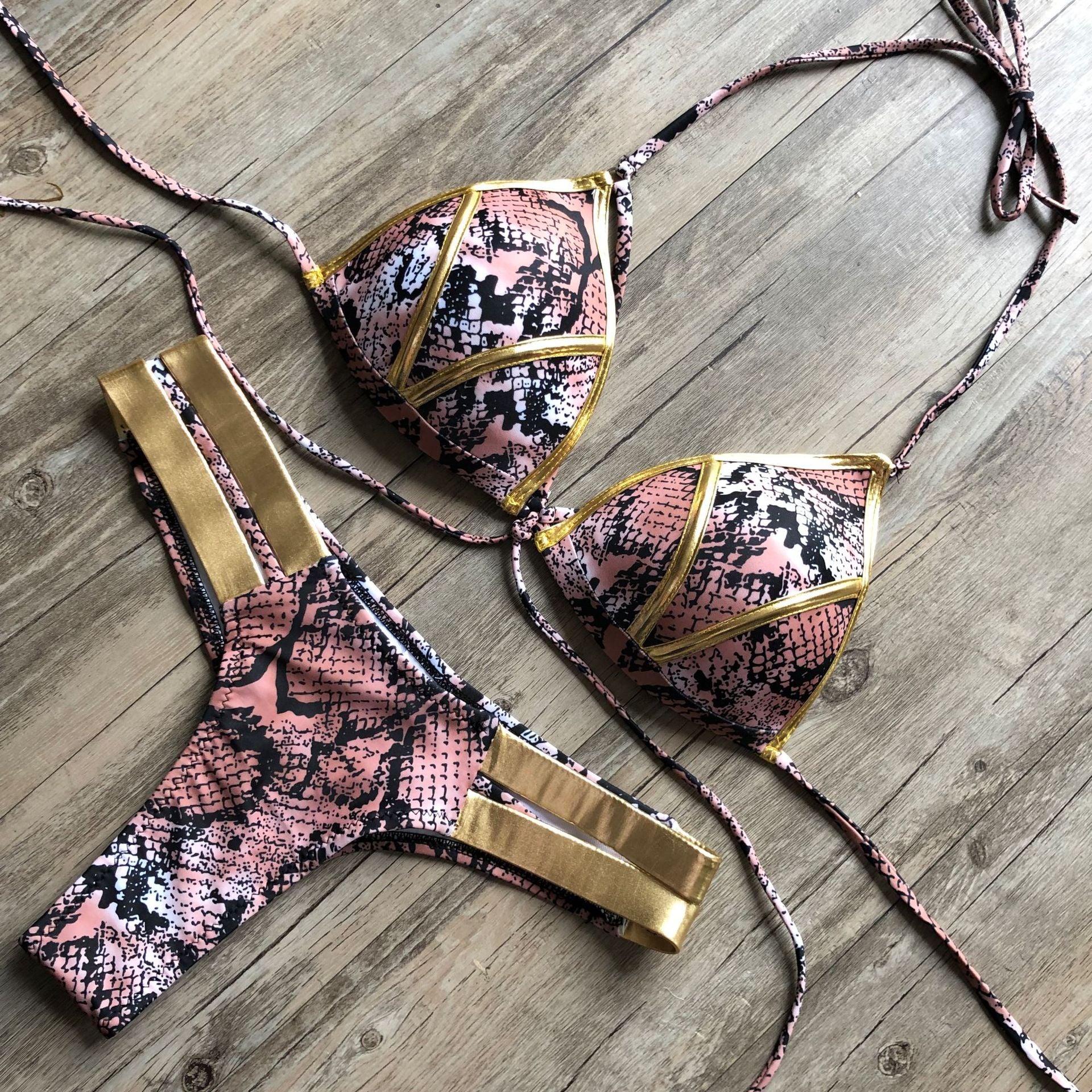 Gold Foil Fabric Bikini, Color Block, Strap Detail