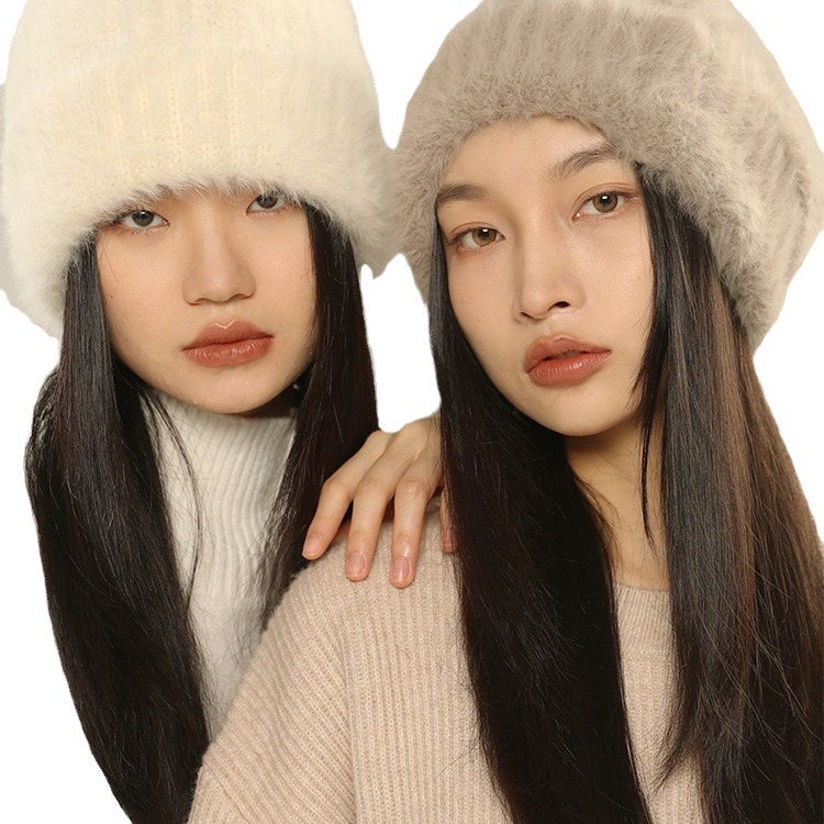 White Oversized Wool Knit Hat for Big Head Circumference | Embroidered Cap