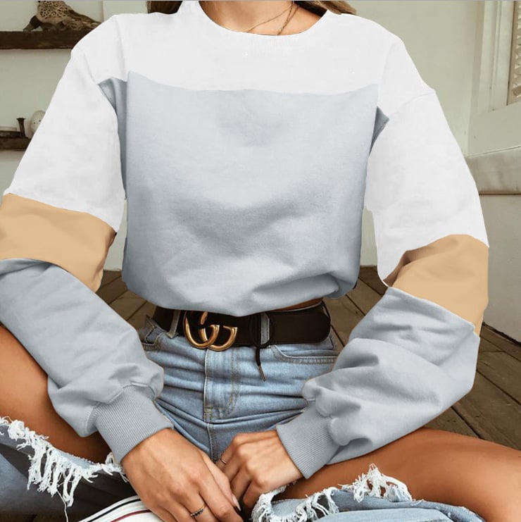 Autumn Patchwork Lace-up Sweater with Round Neck