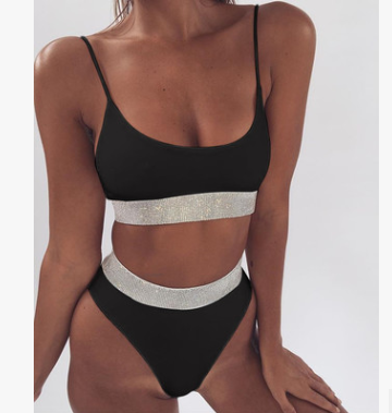 Women's Wine Red Rhinestone High-Waist Bikini Set