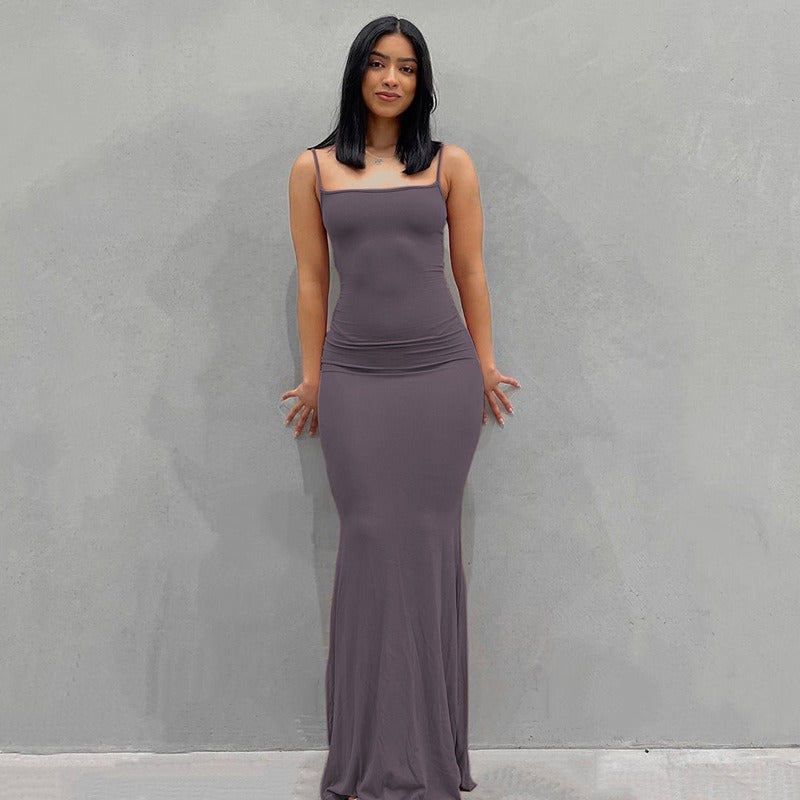 Solid Color Sleeveless Sling Long Dress