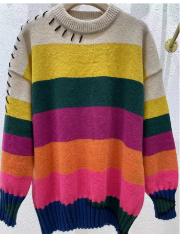 Rainbow Striped Loose Pullover for Women | Streetwear