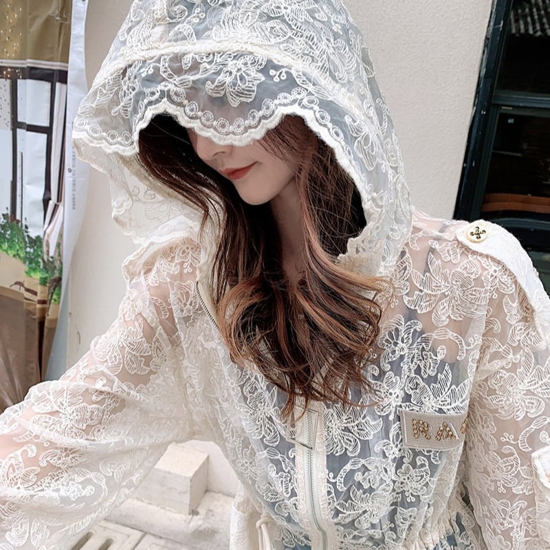 Korean Lace Crocheted Hooded Long-Sleeved Jacket