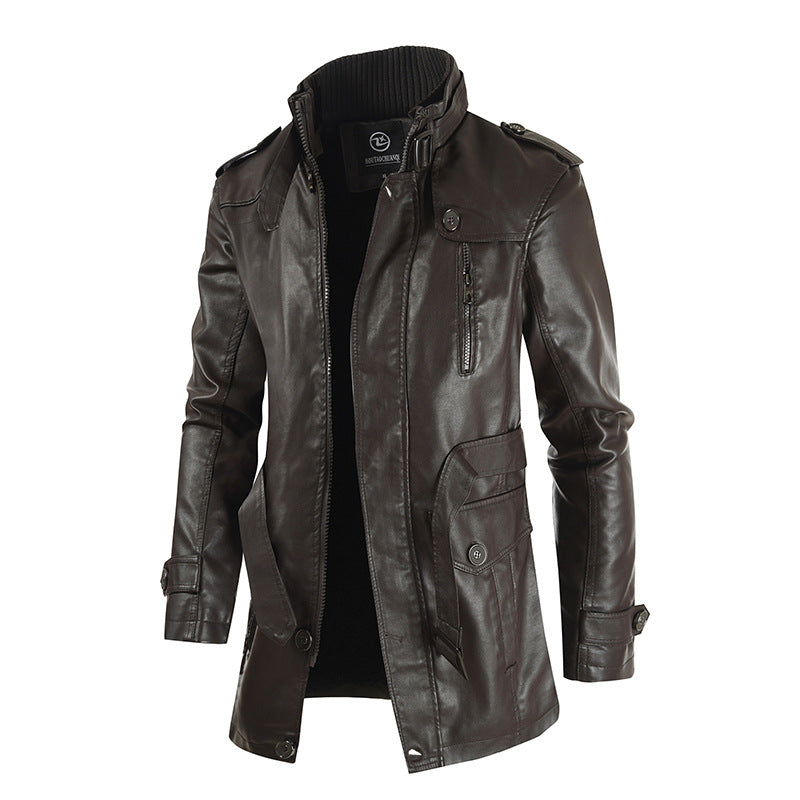Men's Medium Long Leather Windbreaker with Slim Collar