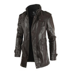 Men's Medium Long Leather Windbreaker with Slim Collar