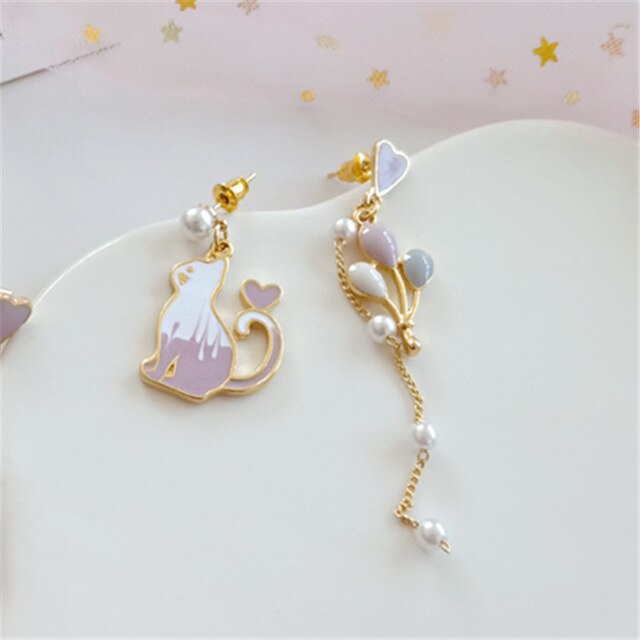 Cat and Balloon Asymmetric Earrings
