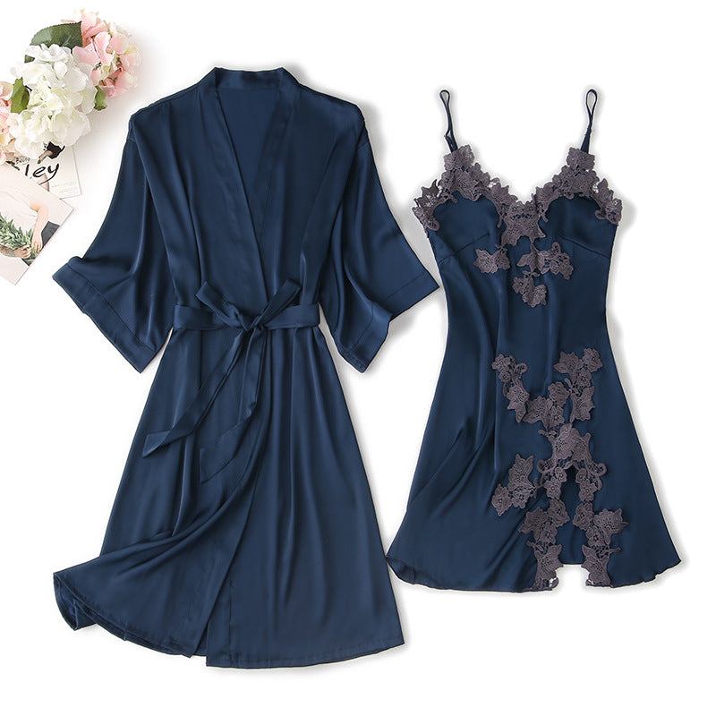 Spring Summer Satin Lingerie Set with Lace Trim