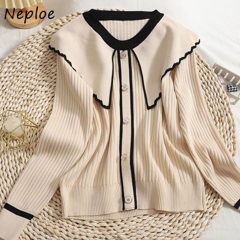 Chic Contrast Color Peter Pan Collar Knit Sweater for Women