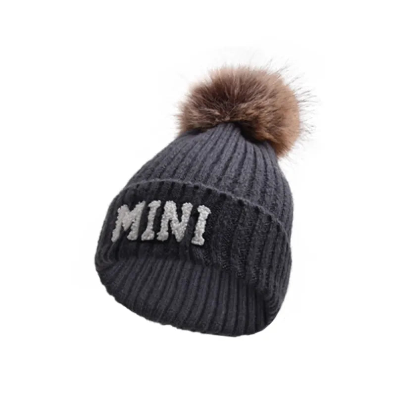 Kunyeah 3Pcs Parent-Child Beanie Hat Mama Papa Baby Matching Hats Winter Warm Cap with Pom-Pom Women Men Knitted Hat | Embroidered Cap