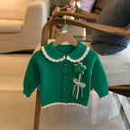 Girls' Round Neck Cardigan with Small Flower Design