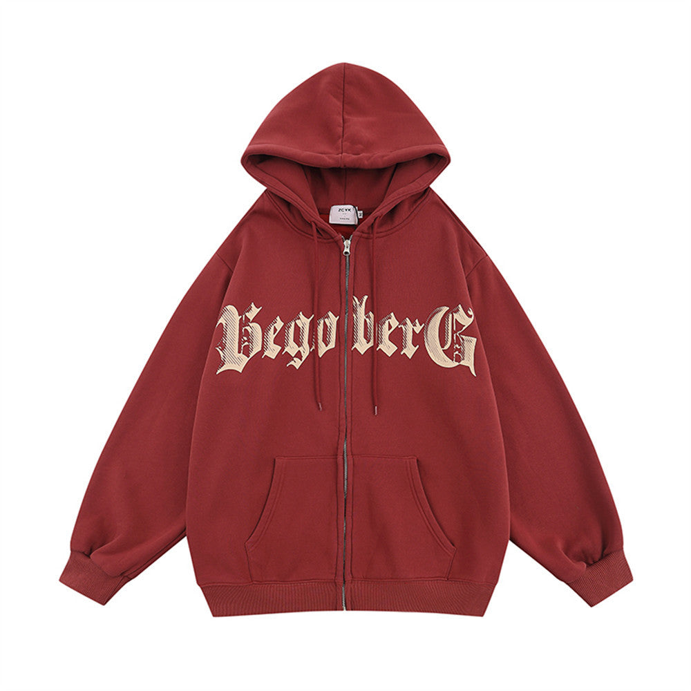 Creative Letters Printed Velvet Hooded Cardigan Coat