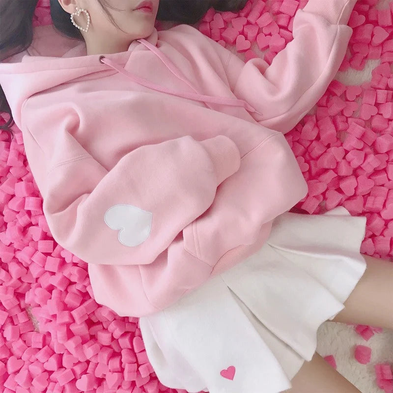 Kawaii Fleece Hooded Pullover with Big Pocket, Pink | Streetwear