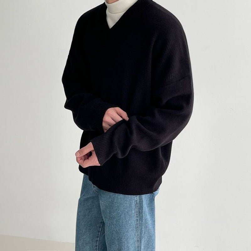 Men's Thickened Solid Color V-neck Sweater for Fall/Winter