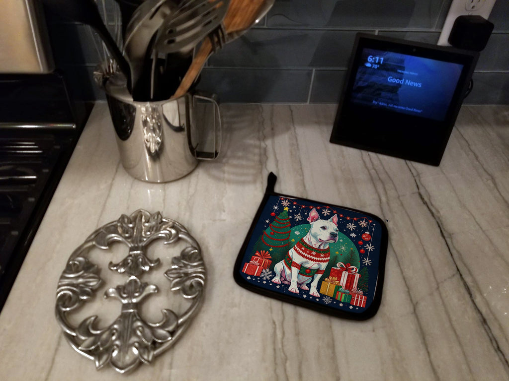 White Pit Bull Terrier Christmas Pair of Pot Holders