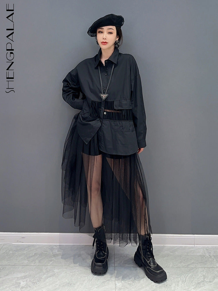 SHENGPALAE Fashion Mesh Spliced Shirt Dress for Women