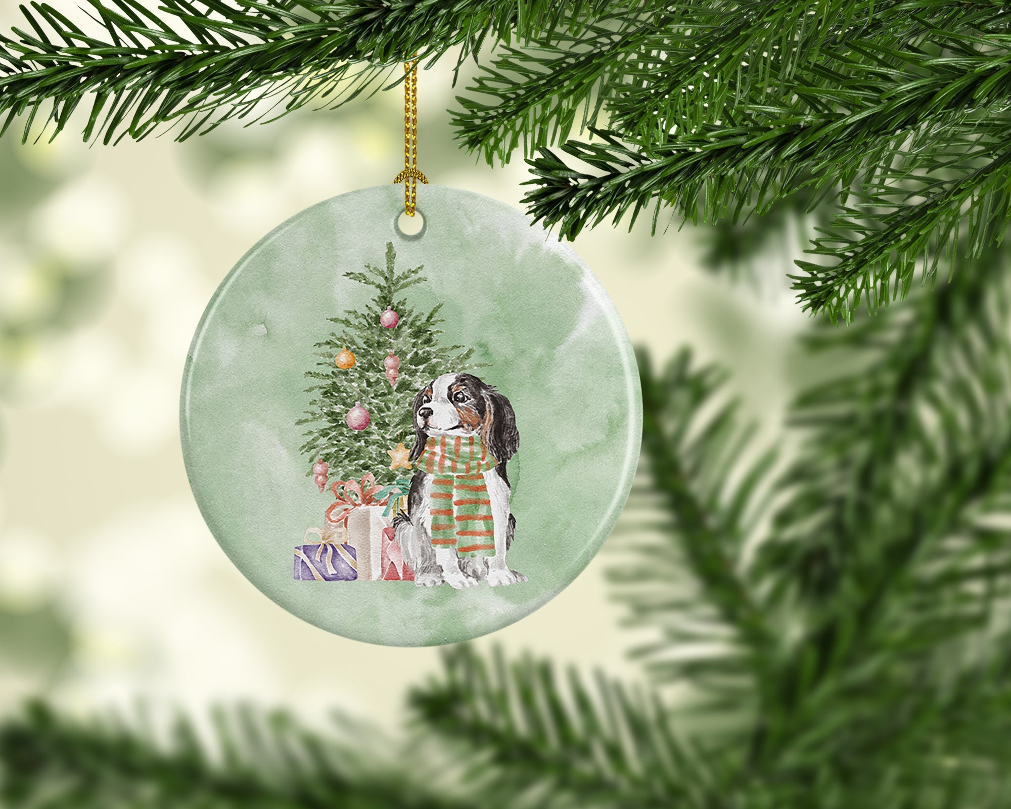 Cavalier Spaniel Tricolor Christmas Presents and Tree Ceramic Ornament