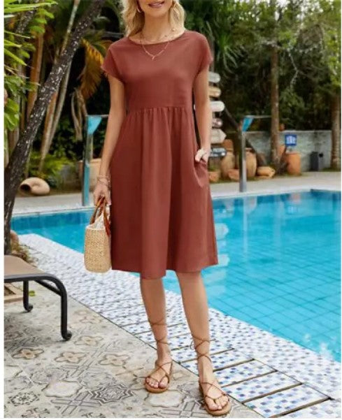 Women's Cotton Round Neck A-Line Skirt Dress