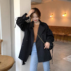 Loose Black Mid-Length Windbreaker for Women