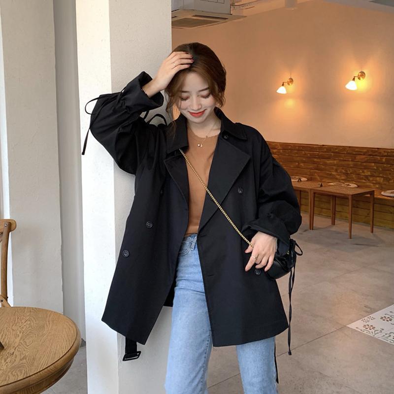 Loose Black Mid-Length Windbreaker for Women